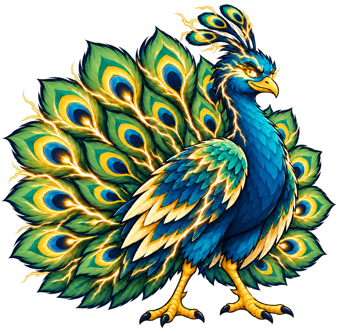 Jules, our lightning peacock, with teal plumage, green feathers and a bright gold lightning bolt.